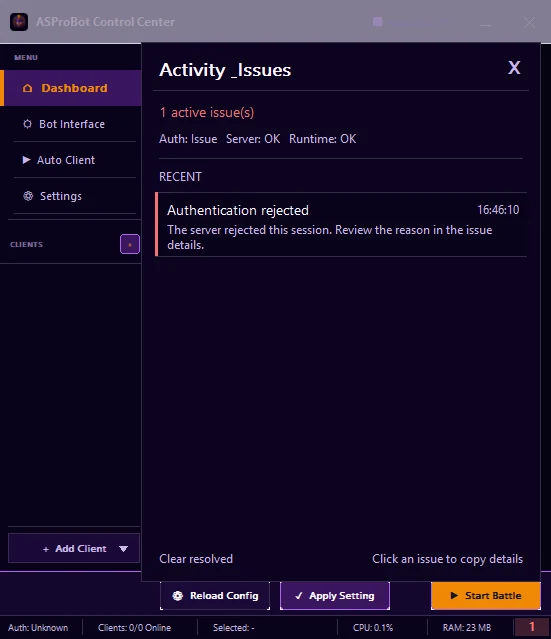 Activity and Issues panel in ASProBot Control Center