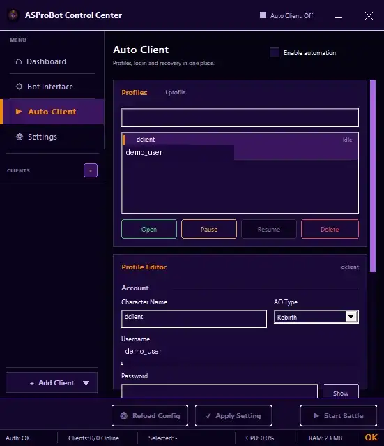 Auto Client profile list