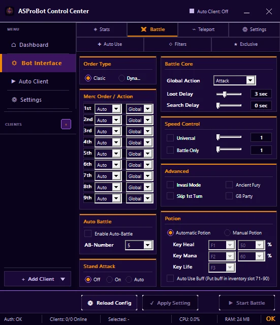 Battle tab in Control Center Bot Interface