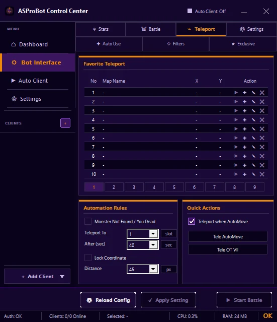 Tab Teleport pada Bot Interface Control Center